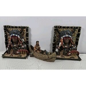 Native American Book Ends And Canoe Vintage